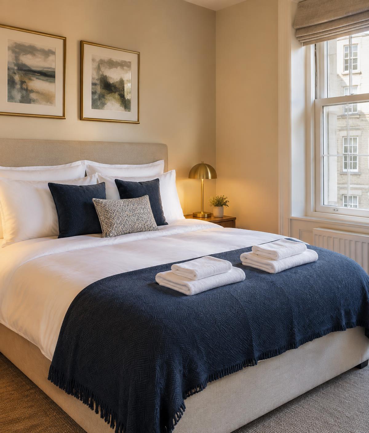 Freshly prepared guest bedroom with crisp white linen, folded towels and a navy throw